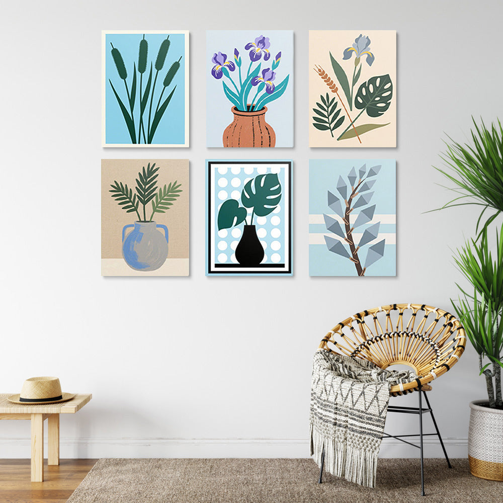 Iris y Hojas de Monstera en Jarrones 6 Partes Mini Pintar por Números