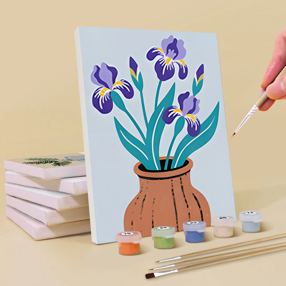 Iris y Hojas de Monstera en Jarrones 6 Partes Mini Pintar por Números