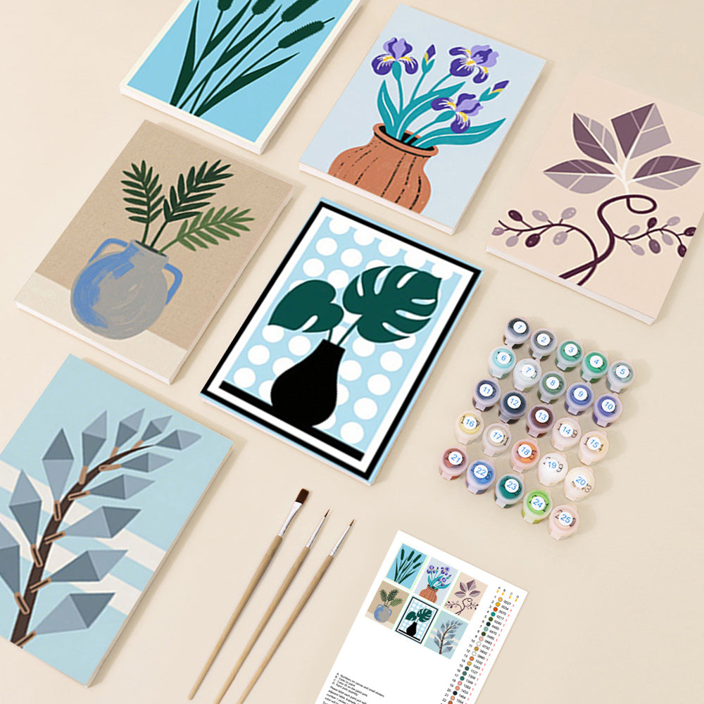 Iris y Hojas de Monstera en Jarrones 6 Partes Mini Pintar por Números