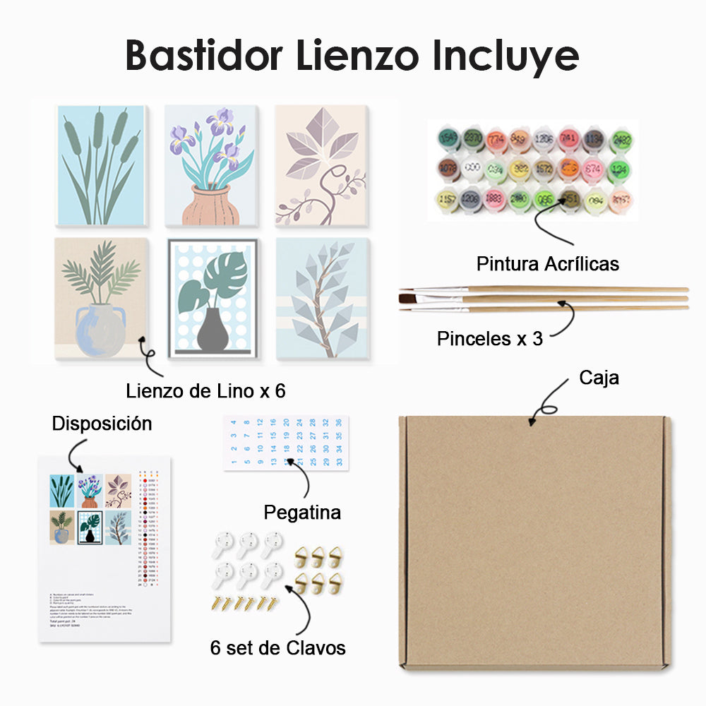Iris y Hojas de Monstera en Jarrones 6 Partes Mini Pintar por Números
