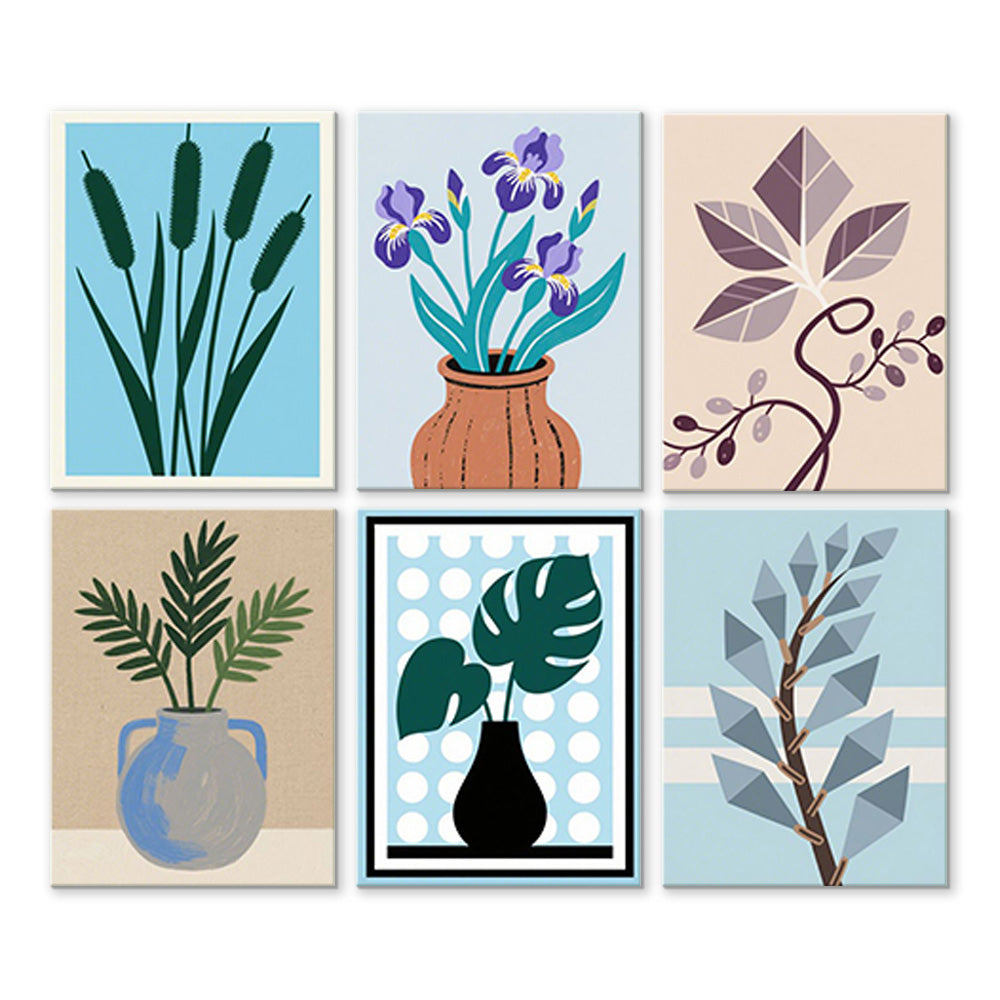 Iris y Hojas de Monstera en Jarrones 6 Partes Mini Pintar por Números