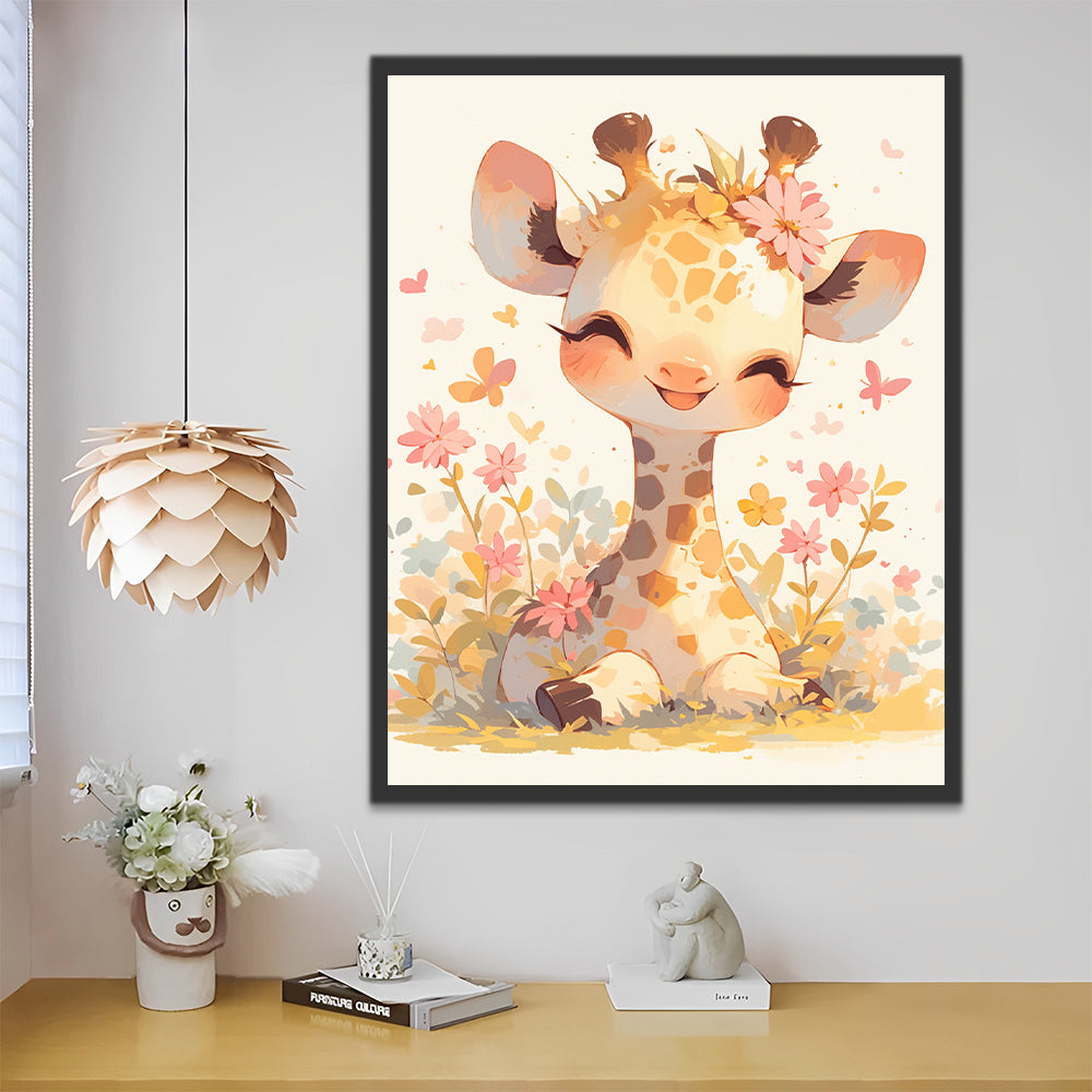 Jirafa Adorable con Flores Rosadas Pintar por Números