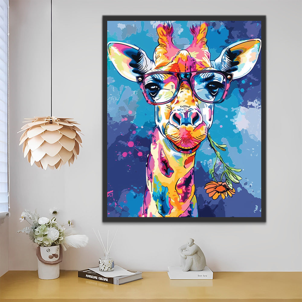 Jirafa Colorida con Gafas y Flor Amarilla Pintar por Números