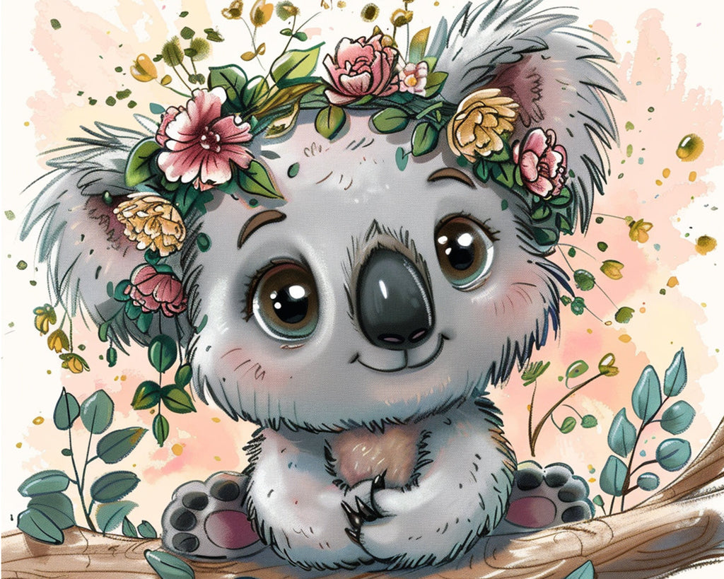 Koala Bebé Adorable con Guirnalda de Flores Pintar por Números