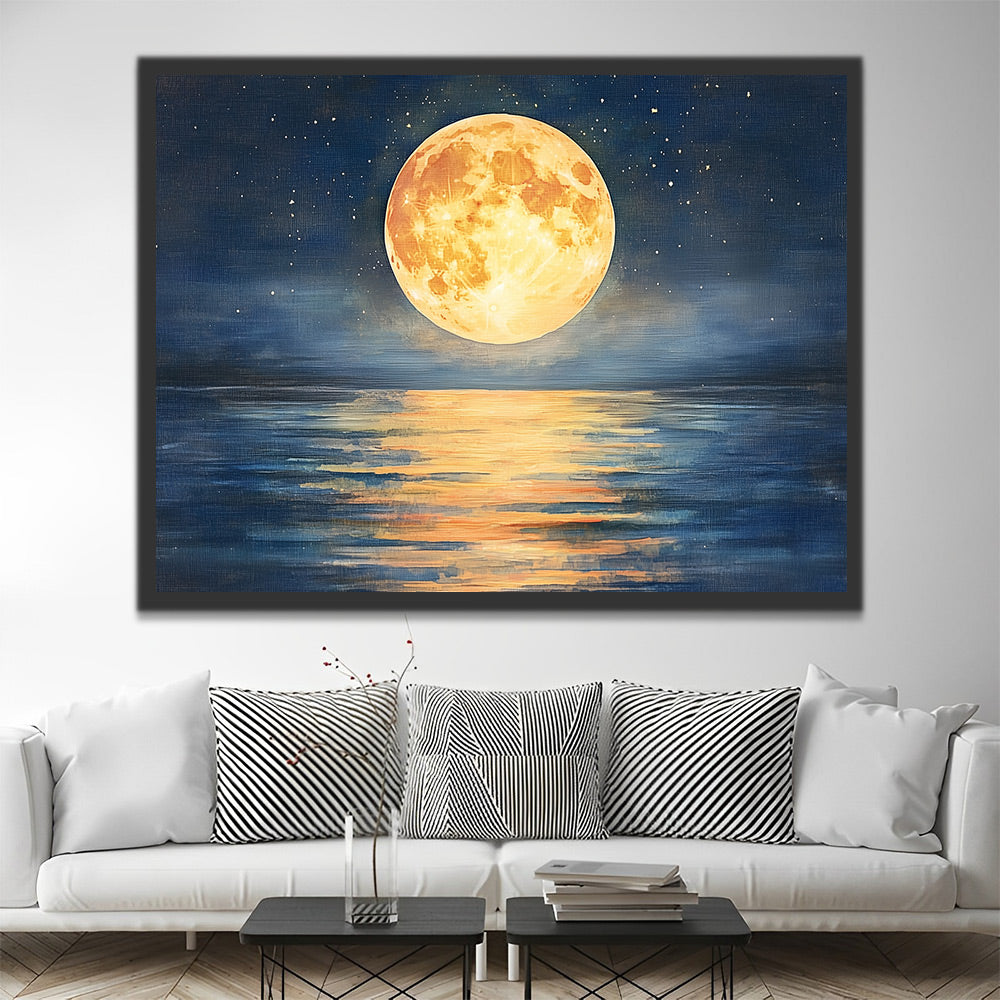 La Luna Llena Dorada en la Noche Estrellada sobre el Mar Pintar por Números