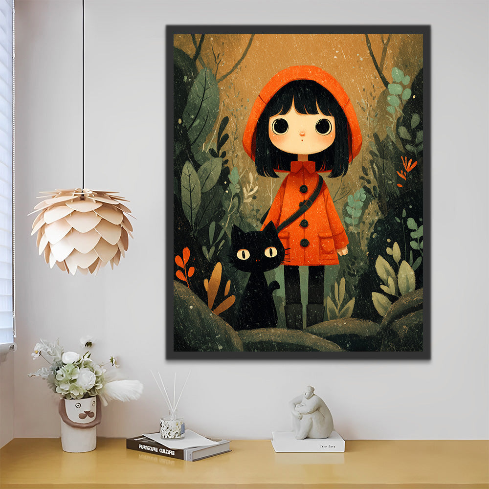 La Niña de Sombrero Rojo y el Gato en Selva Pintar por Números