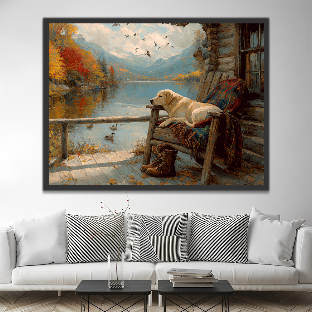 Labrador Retriever frente a una Cabaña en Montaña Pintar por Números