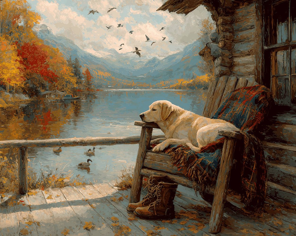 Labrador Retriever frente a una Cabaña en Montaña Pintar por Números