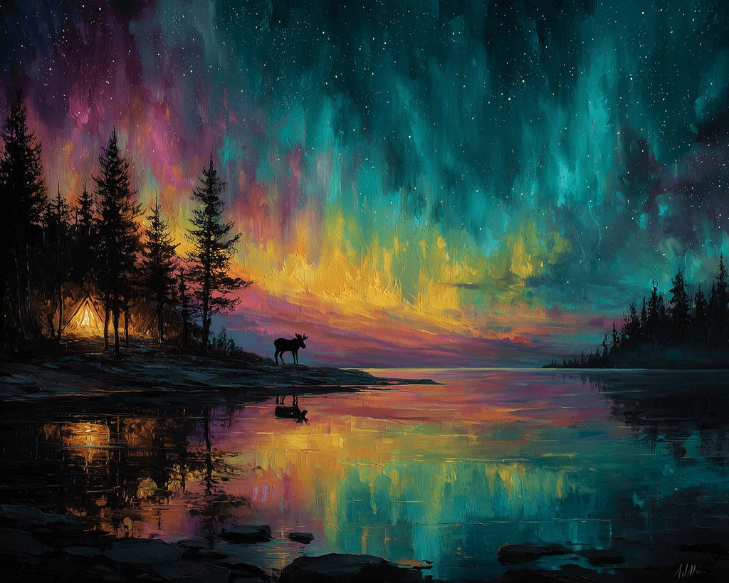 Lago y Bosque bajo la Aurora Colorida Pintar por Números