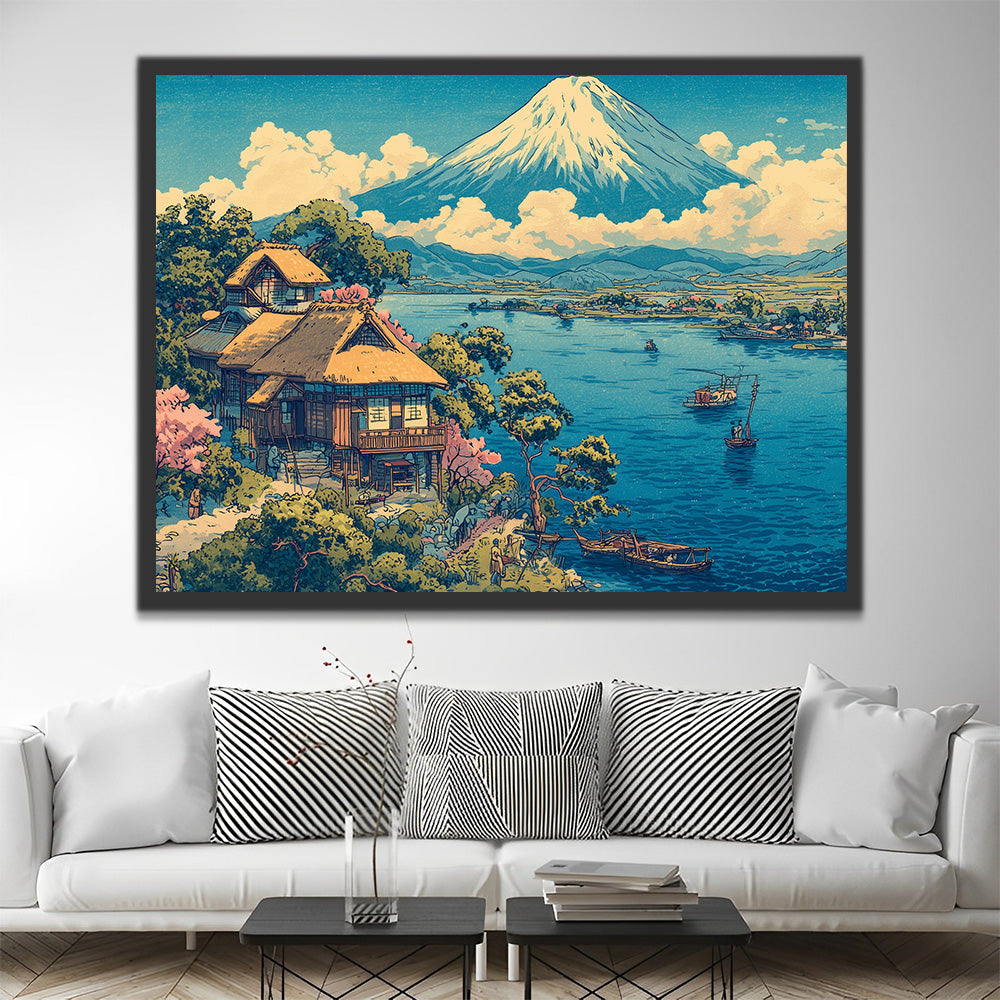 Lago y Casas bajo el Monte Fuji Pintar por Números