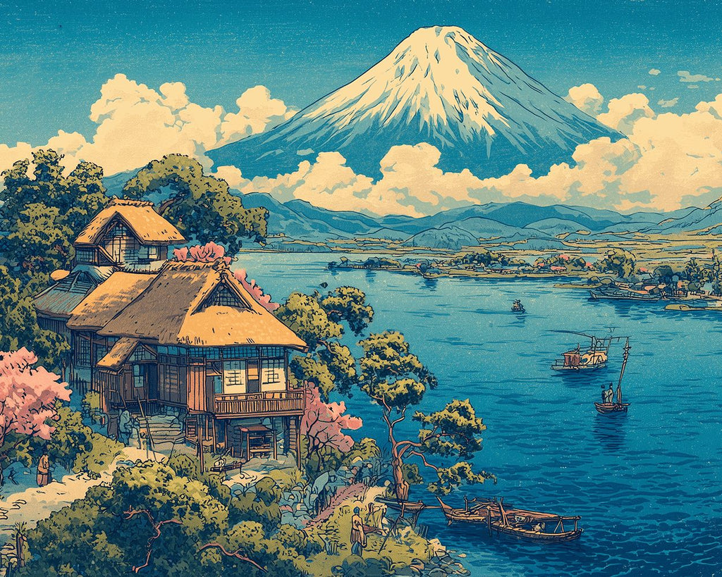 Lago y Casas bajo el Monte Fuji Pintar por Números