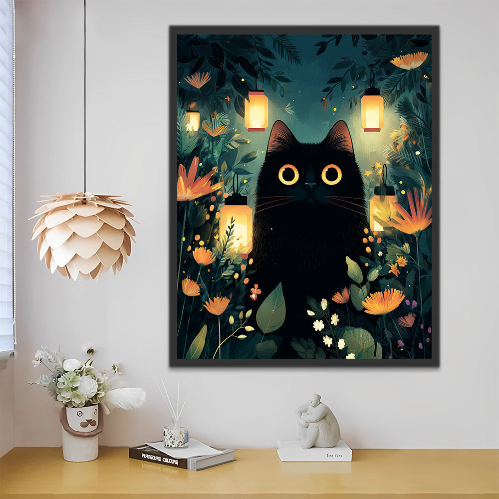 Lámparas y Gato Negro entre Flores Pintar por Números