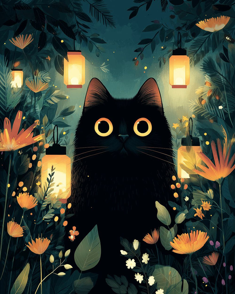 Lámparas y Gato Negro entre Flores Pintar por Números