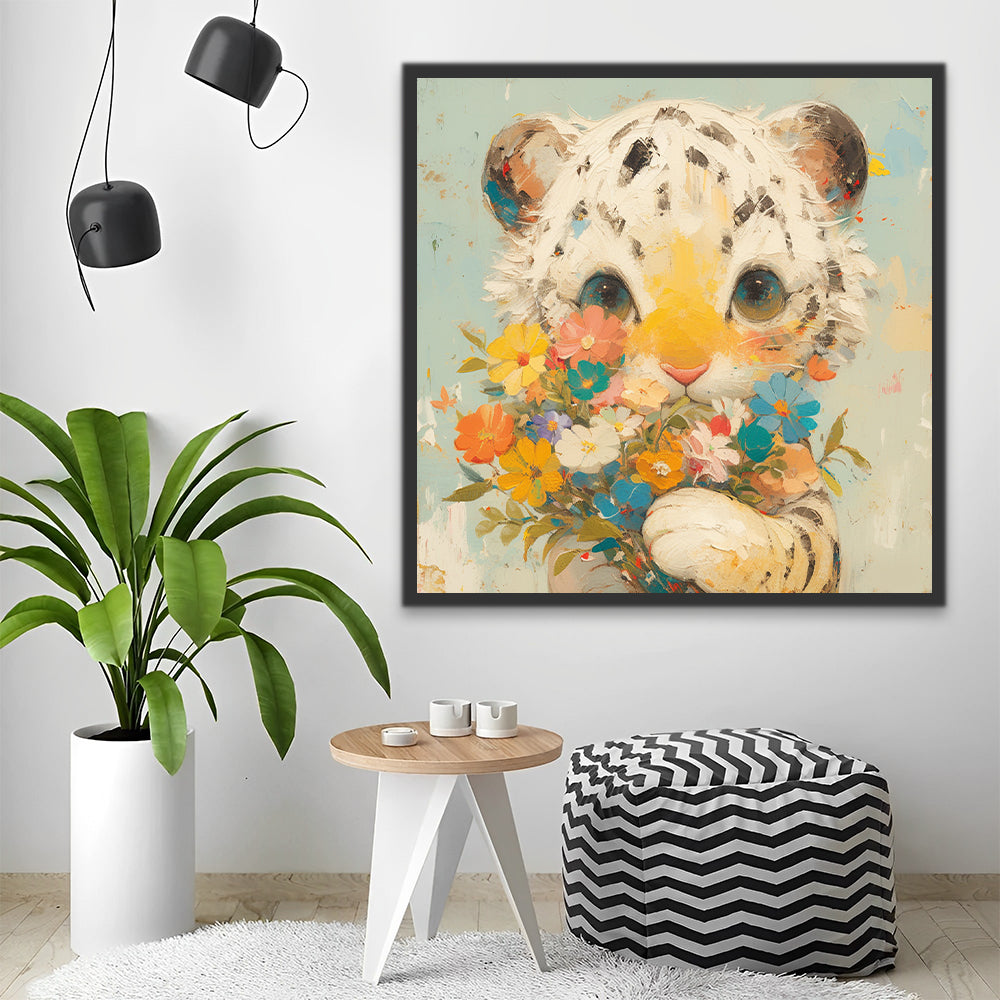 Leopardo Bebé Lindo con Flores en la Mano Pintar por Números