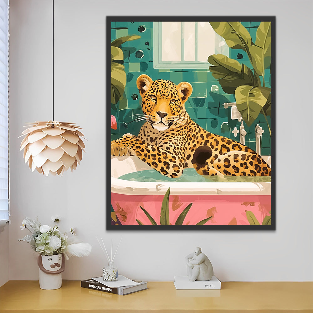 Leopardo en Bañera Rosada Pintar por Números