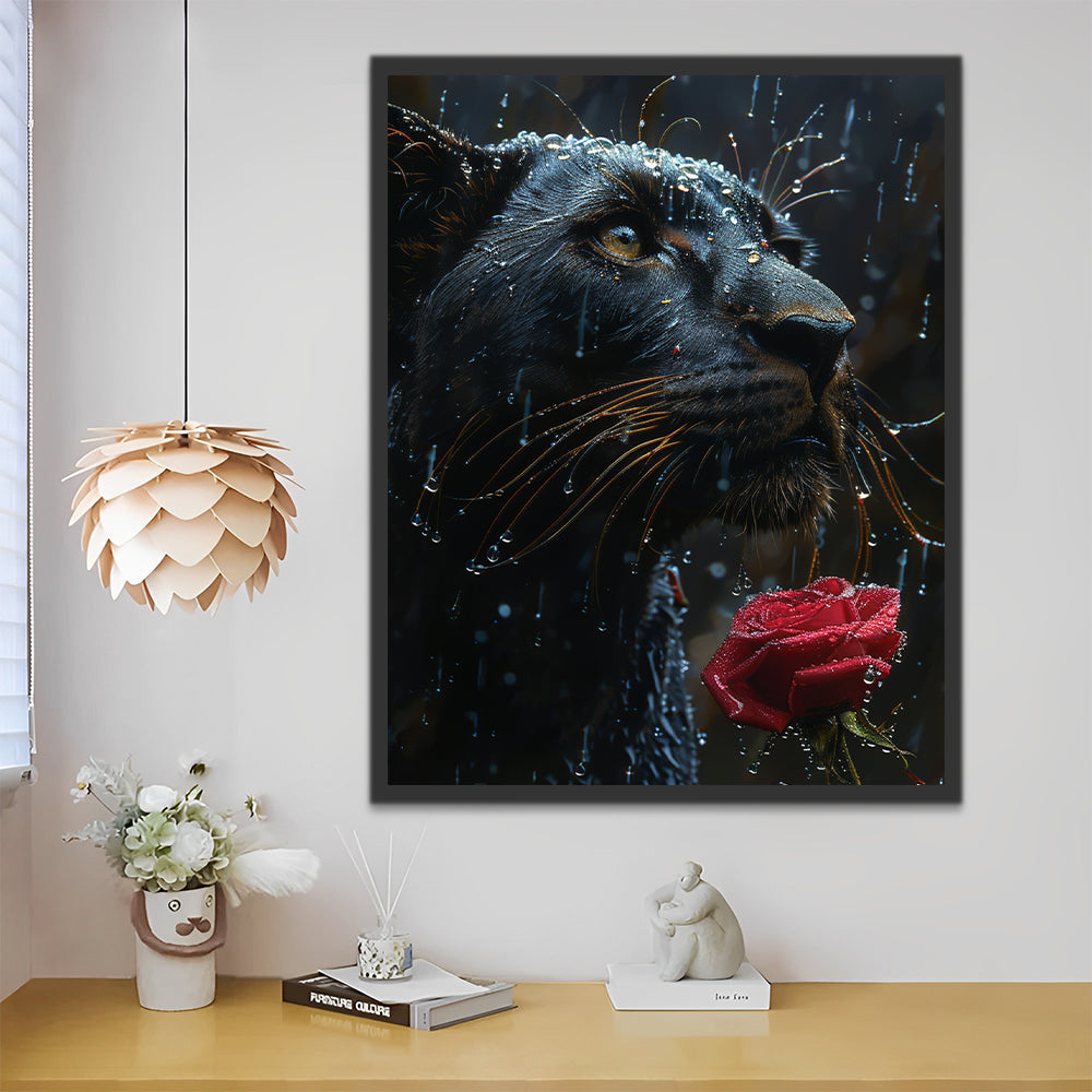 Leopardo Negro y Rosa Roja en la Lluvia Pintar por Números