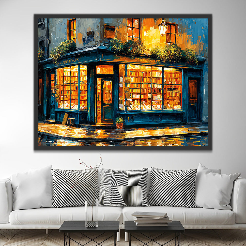 Librería en Esquina en la Noche Lluviosa Pintar por Números