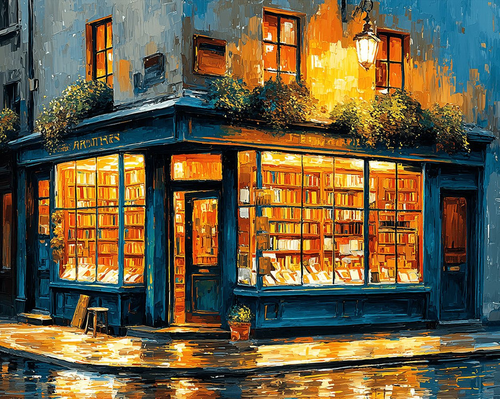 Librería en Esquina en la Noche Lluviosa Pintar por Números
