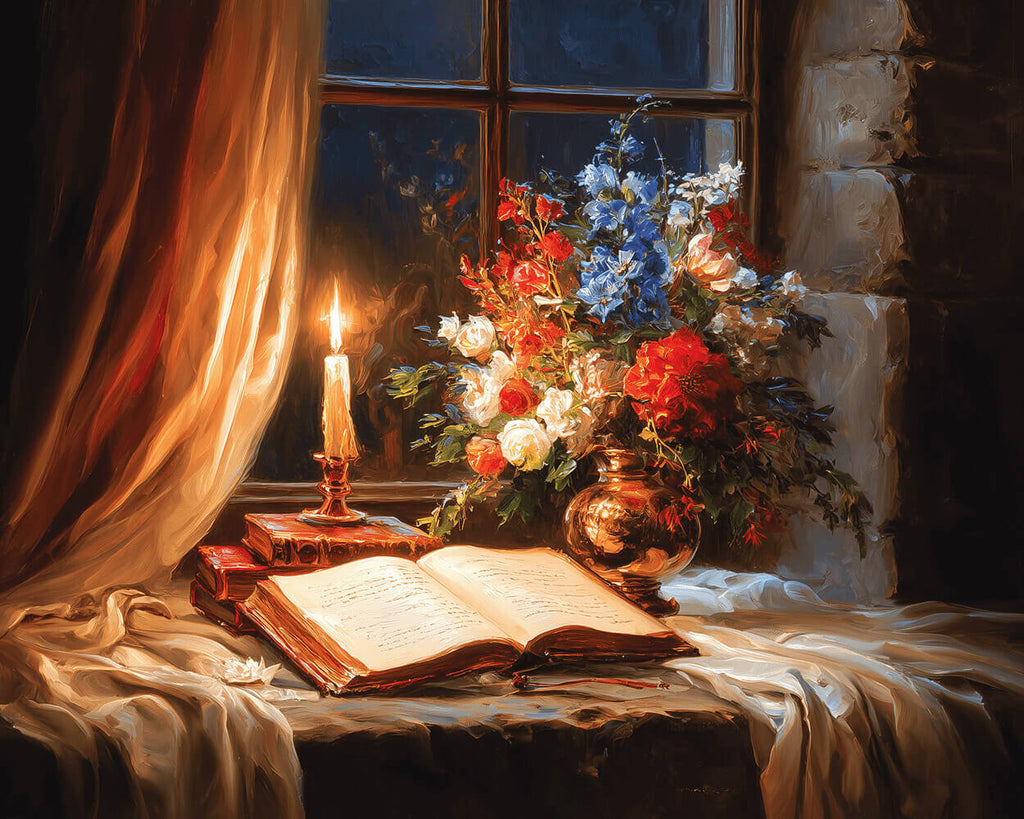 Libro y Florero de Flores a la Luz de Velas Pintar por Números