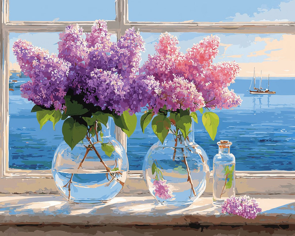 Lirios Rosados y Morados en el Alféizar Pintar por Números