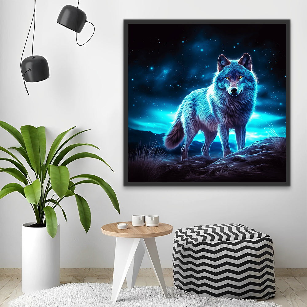 Lobo Azul sobre Roca y Noche Estrellada Pintar por Números