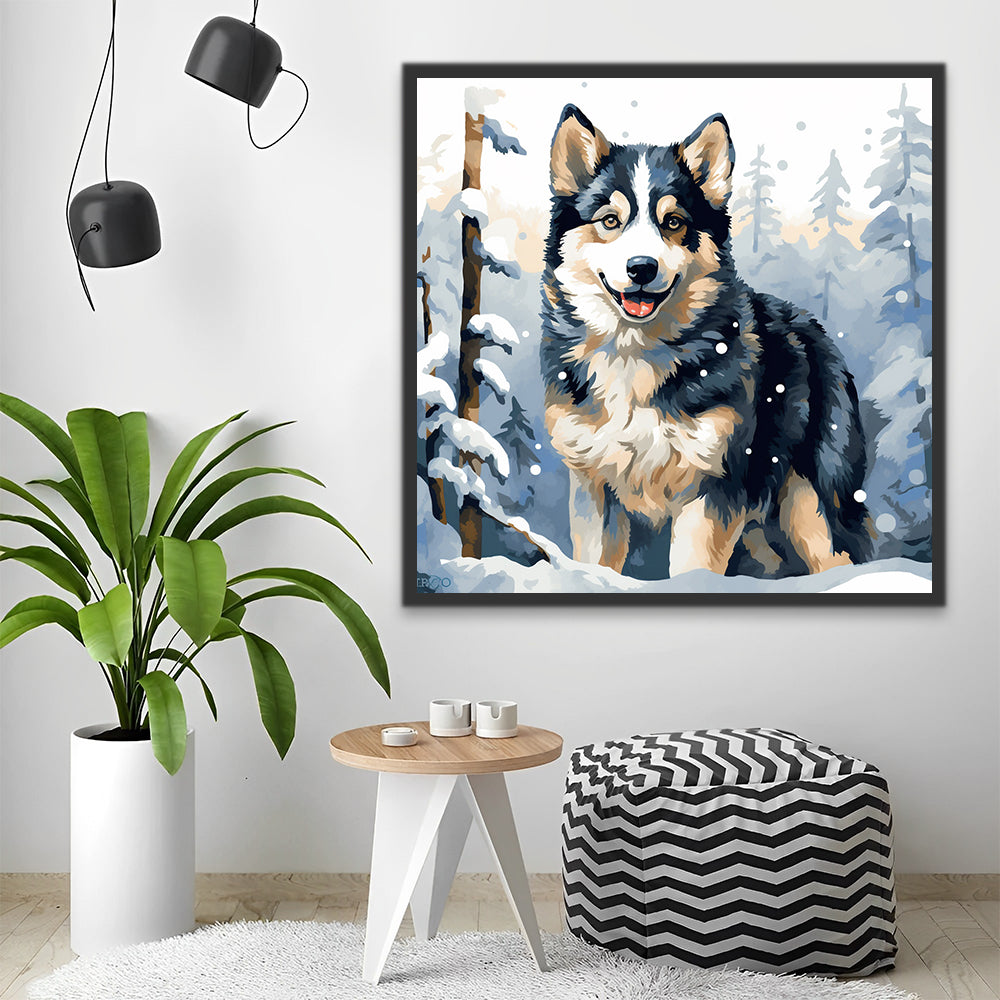 Lobo Pequeño Lindo y Pinos en Bosque Nevado Pintar por Números