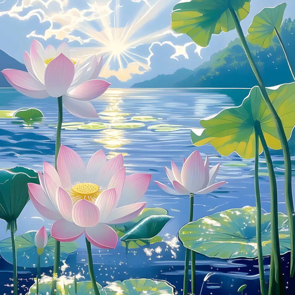 Lotos Hermosos y Hojas de Loto al Sol Pintar por Números