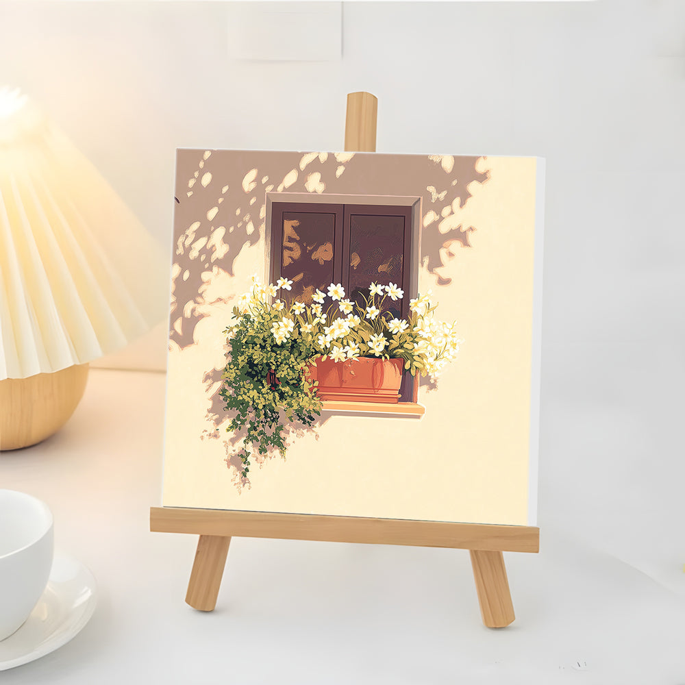 Maceta de Flores Blancas en Ventana Mini Pintar por Números
