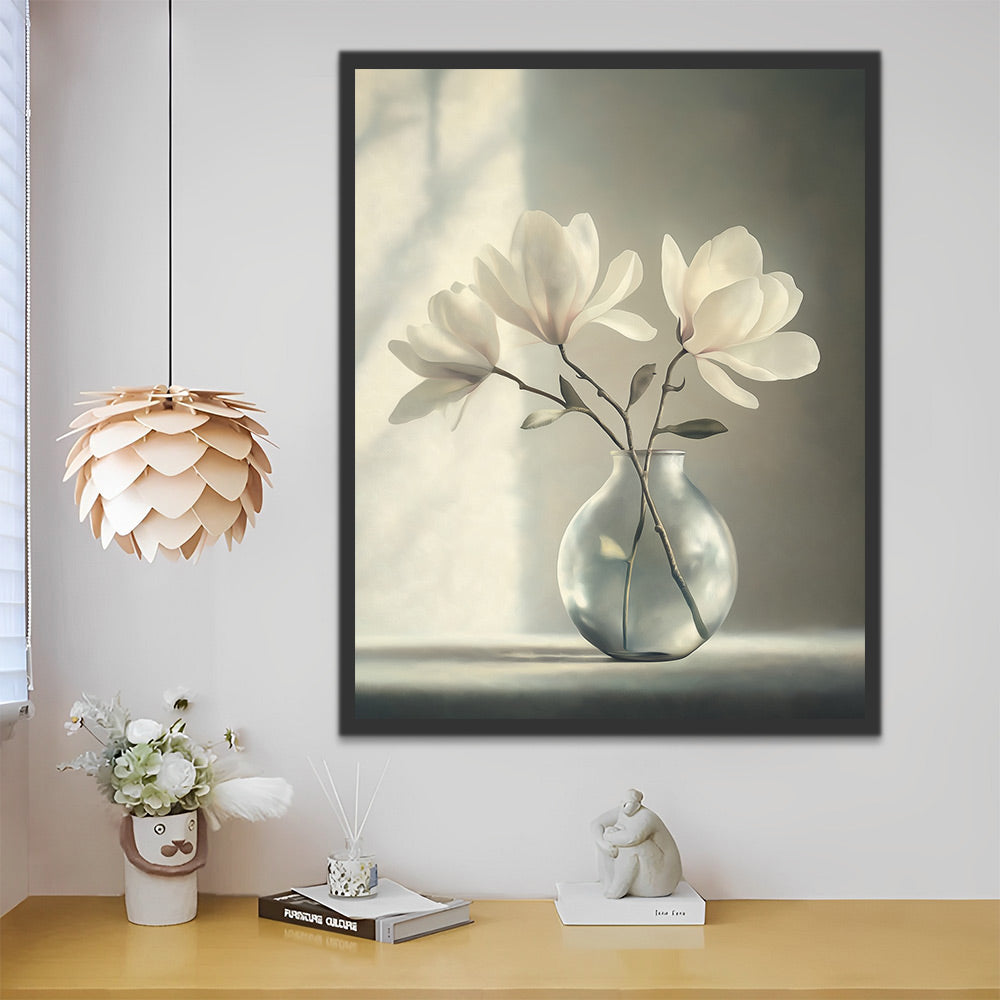 Magnolias Blancas en Florero de Vidrio al Sol Pintar por Números