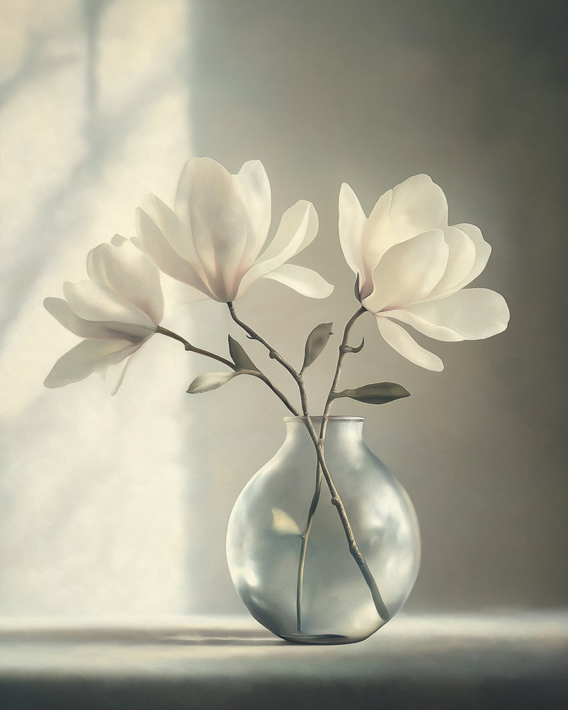 Magnolias Blancas en Florero de Vidrio al Sol Pintar por Números