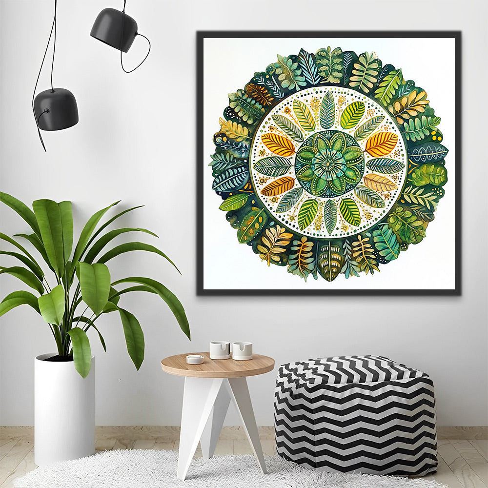 Mandala Redonda Hecha de Hojas Verdes Pintar por Números