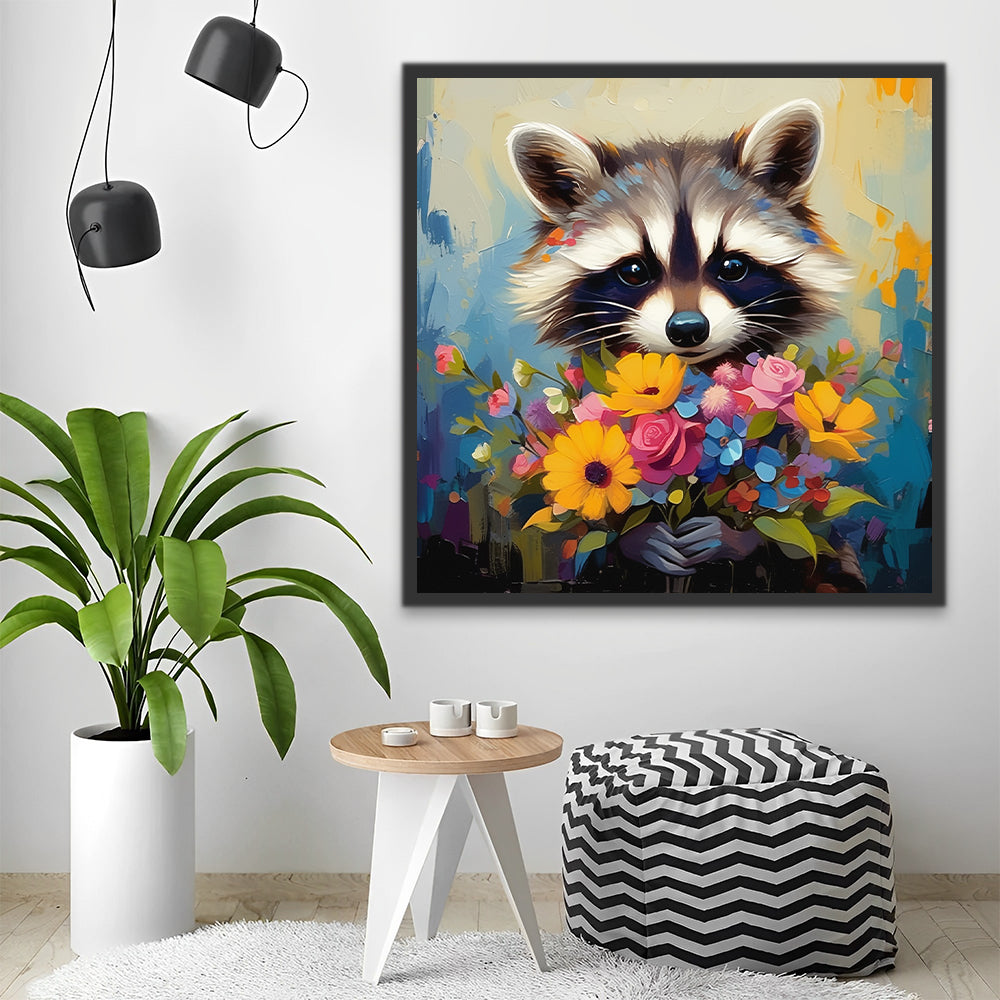 Mapache Adorable con Ramo de Flores en las Manos Pintar por Números