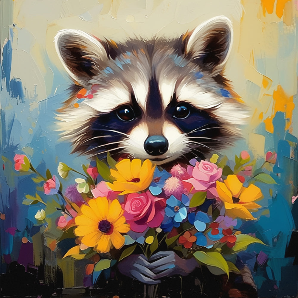 Mapache Adorable con Ramo de Flores en las Manos Pintar por Números