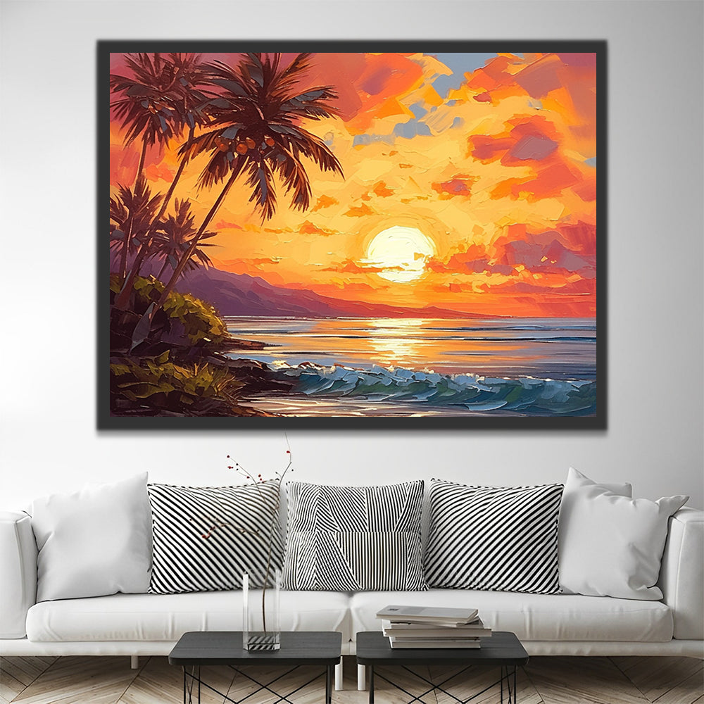 Mar con Palmeras y Puesta del Sol Pintar por Números
