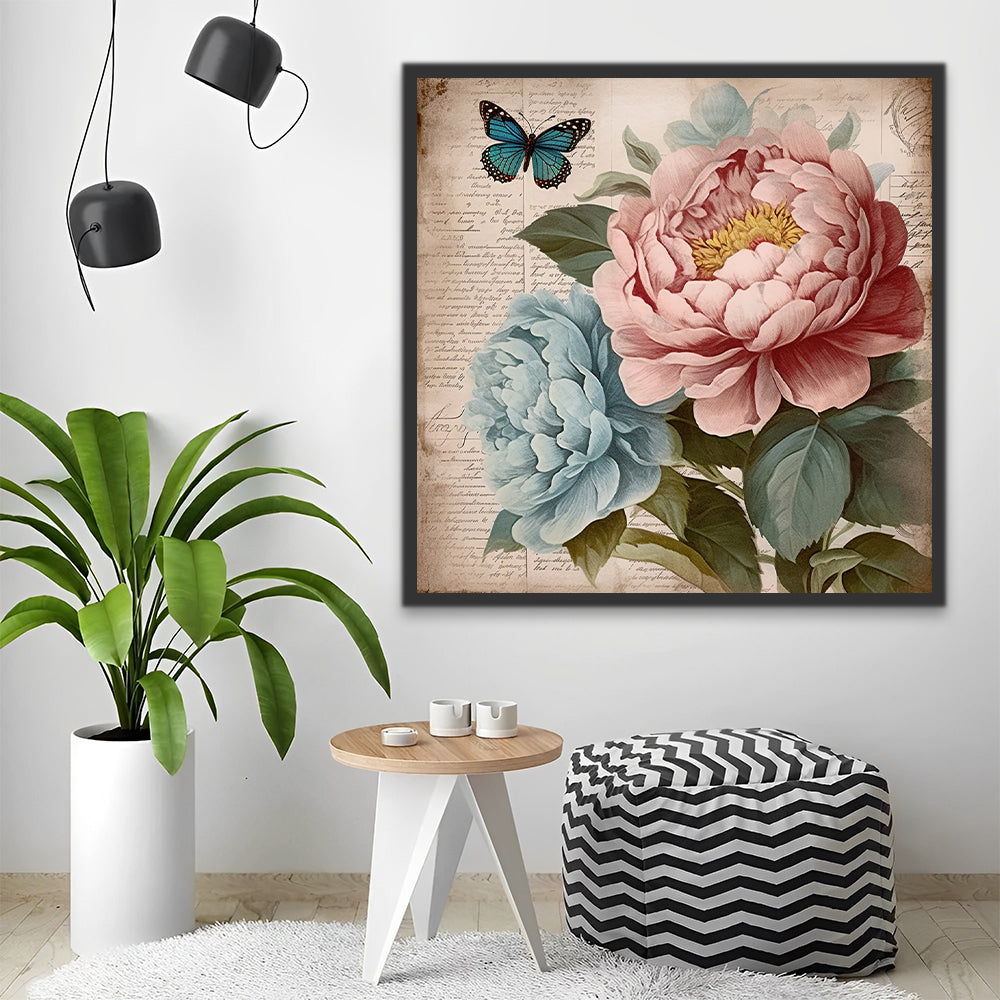 Mariposa y Peonías de Color Azul y Rosado Pintar por Números
