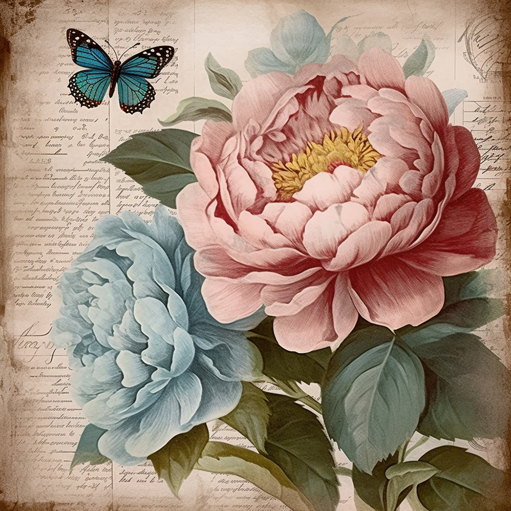 Mariposa y Peonías de Color Azul y Rosado Pintar por Números