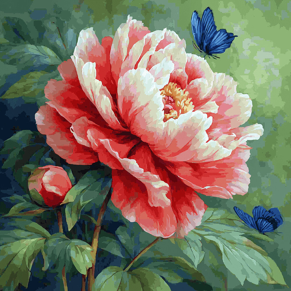Mariposas Azules Volando hacia Peonía Rosa Pintar por Números
