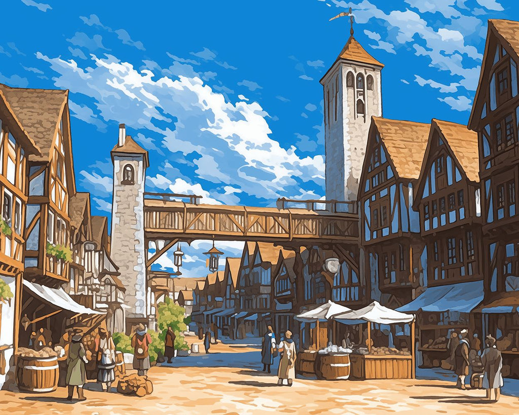 Mercado de Pueblo Pequeño bajo el Cielo Azul Pintar por Números