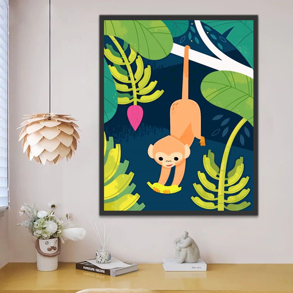 Mono Colgando Rama de Árbol para Coger las Frutas Pintar por Números Niños