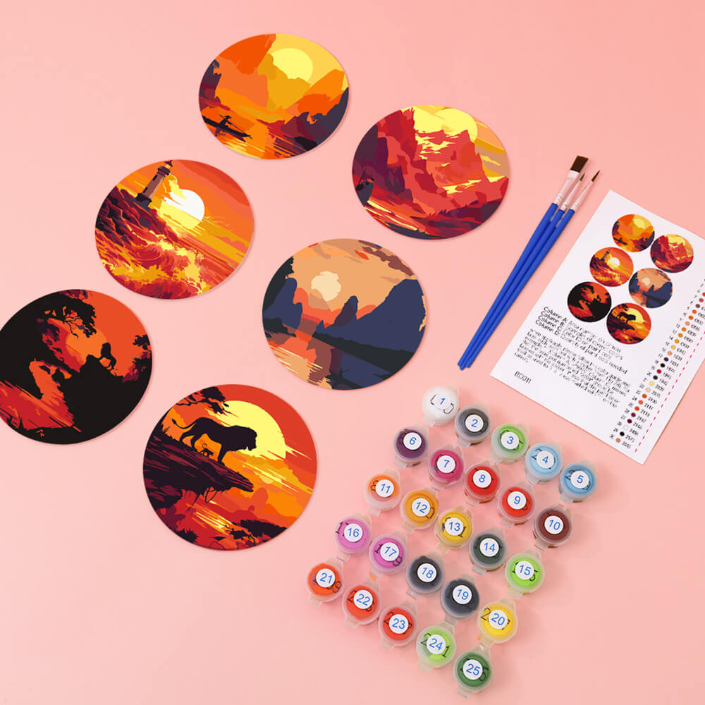 Montañas y Faro al Atardecer 6 Posavasos Pintar por Números