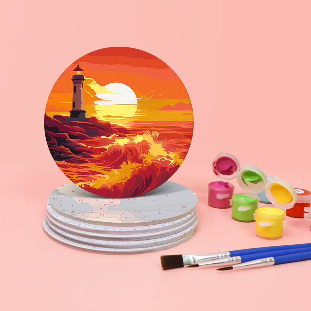 Montañas y Faro al Atardecer 6 Posavasos Pintar por Números