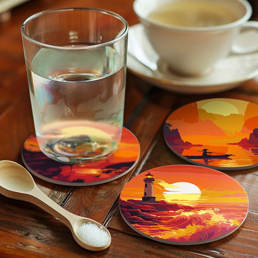 Montañas y Faro al Atardecer 6 Posavasos Pintar por Números
