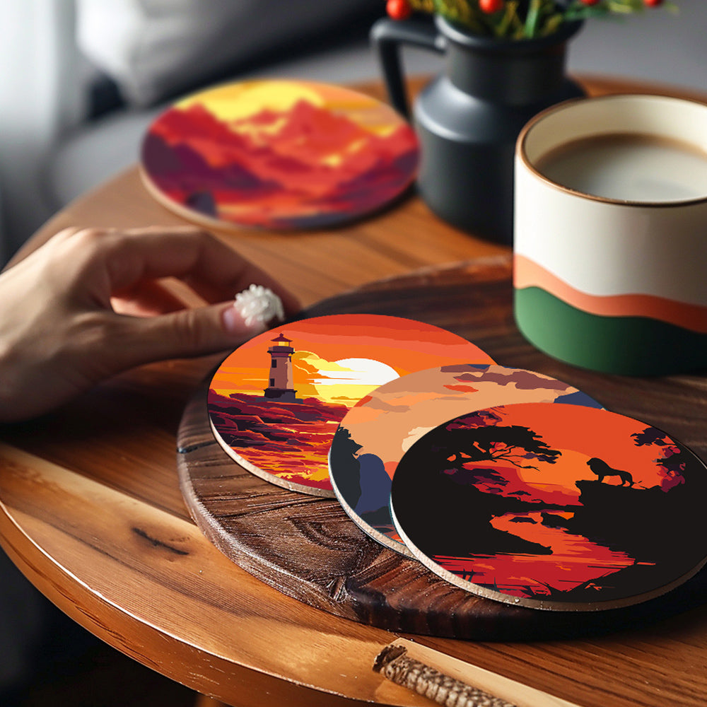 Montañas y Faro al Atardecer 6 Posavasos Pintar por Números