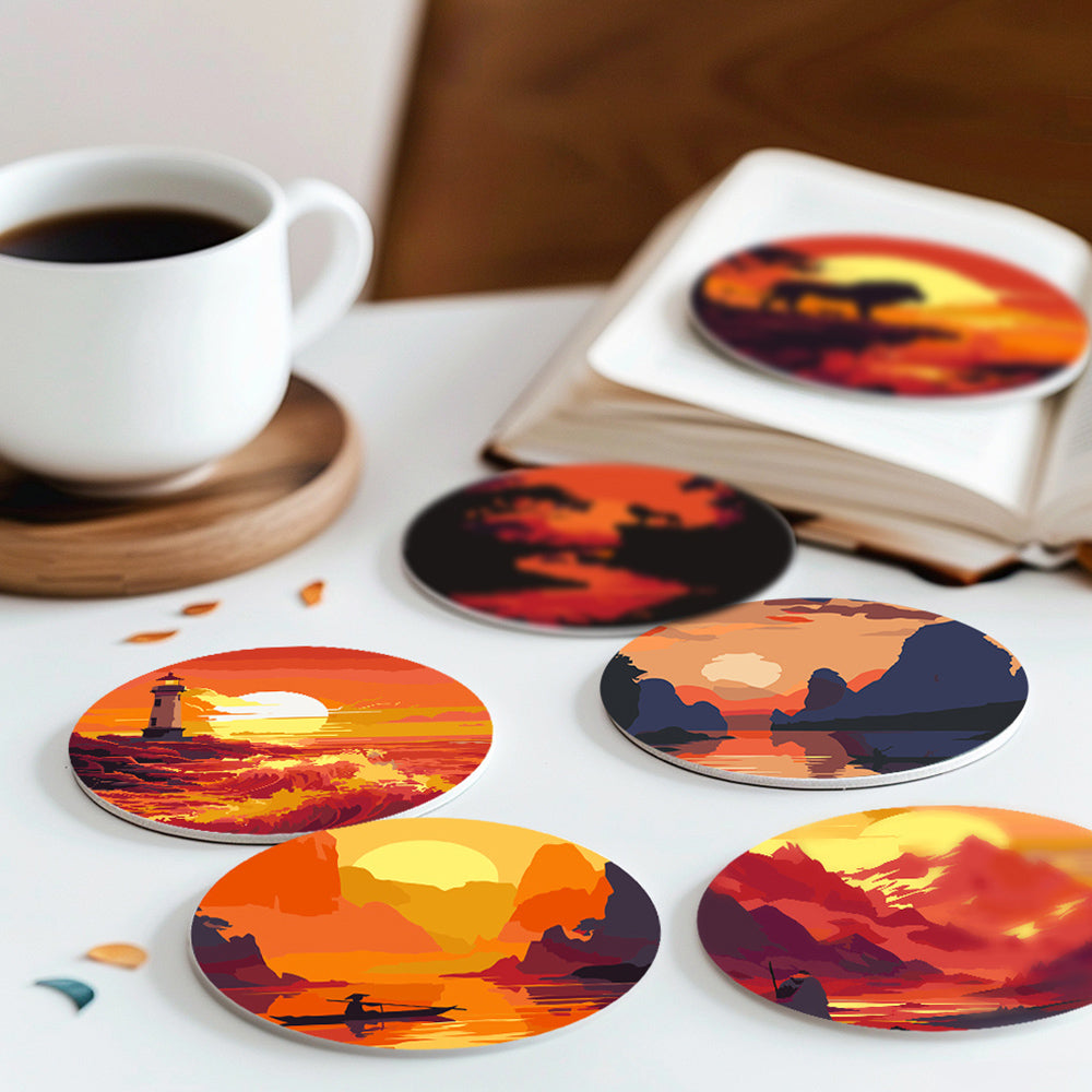Montañas y Faro al Atardecer 6 Posavasos Pintar por Números