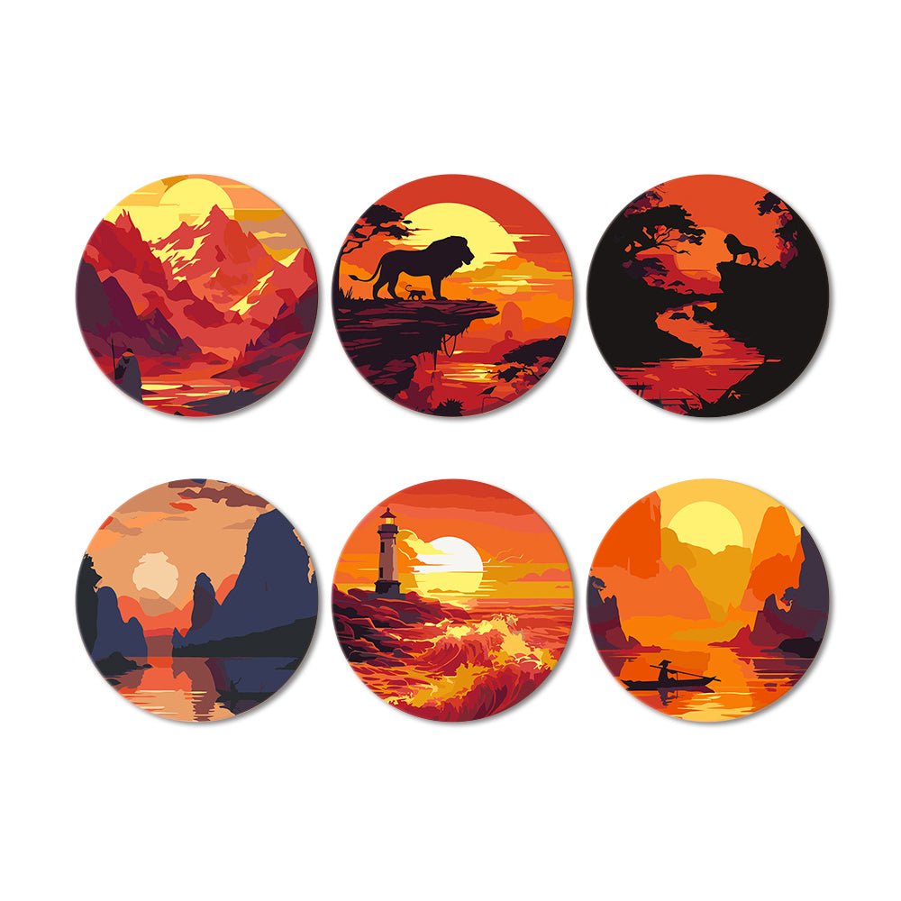 Montañas y Faro al Atardecer 6 Posavasos Pintar por Números