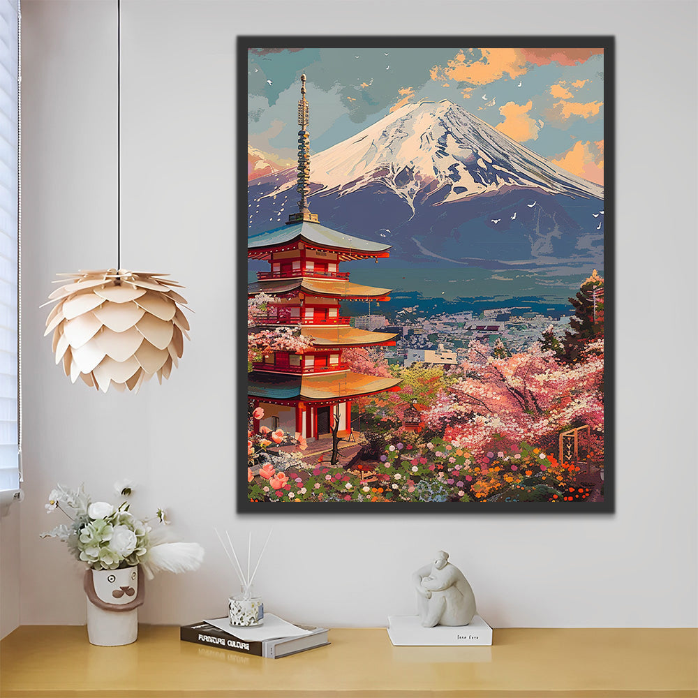 Monte Fuji y Pagoda Chureito en Primavera Pintar por Números