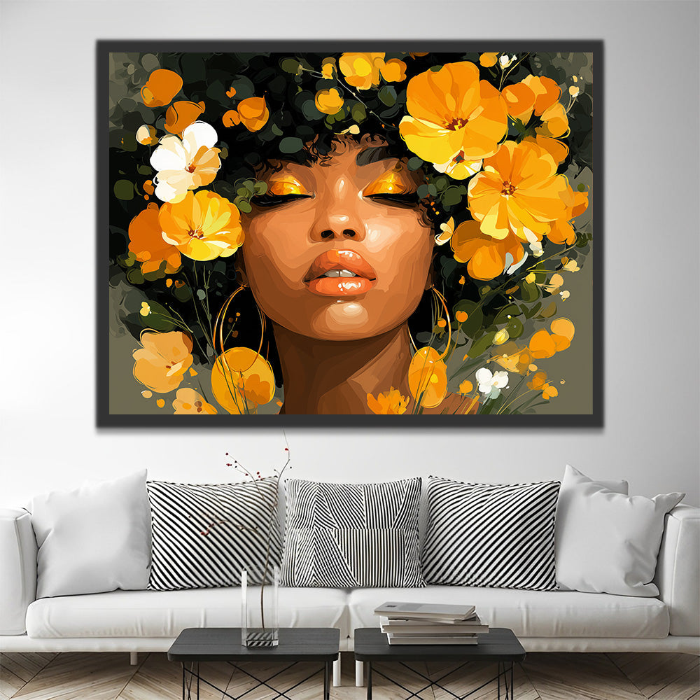 Mujer Africana y Flores Doradas Pintar por Números
