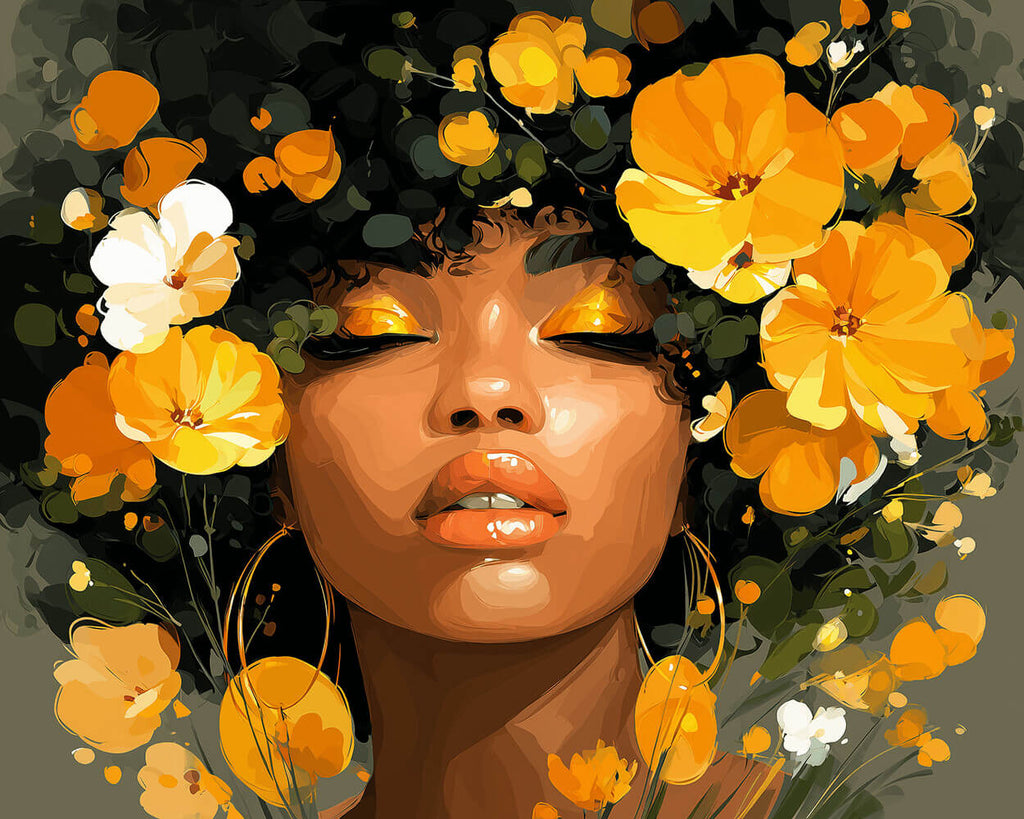 Mujer Africana y Flores Doradas Pintar por Números