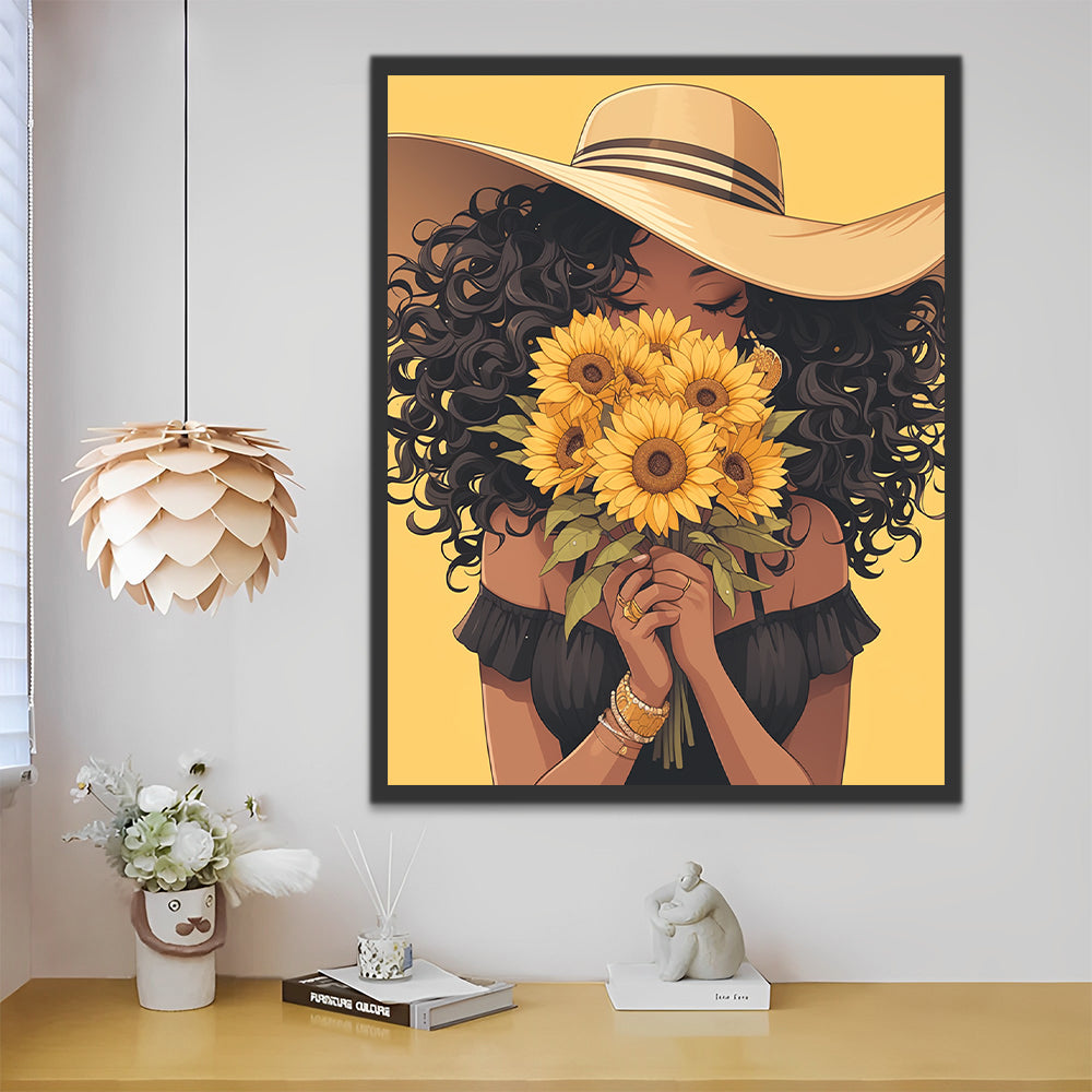 Mujer con Sombrero con Girasoles en las Manos Pintar por Números