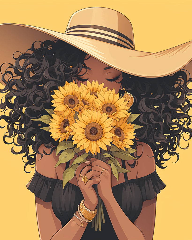 Mujer con Sombrero con Girasoles en las Manos Pintar por Números